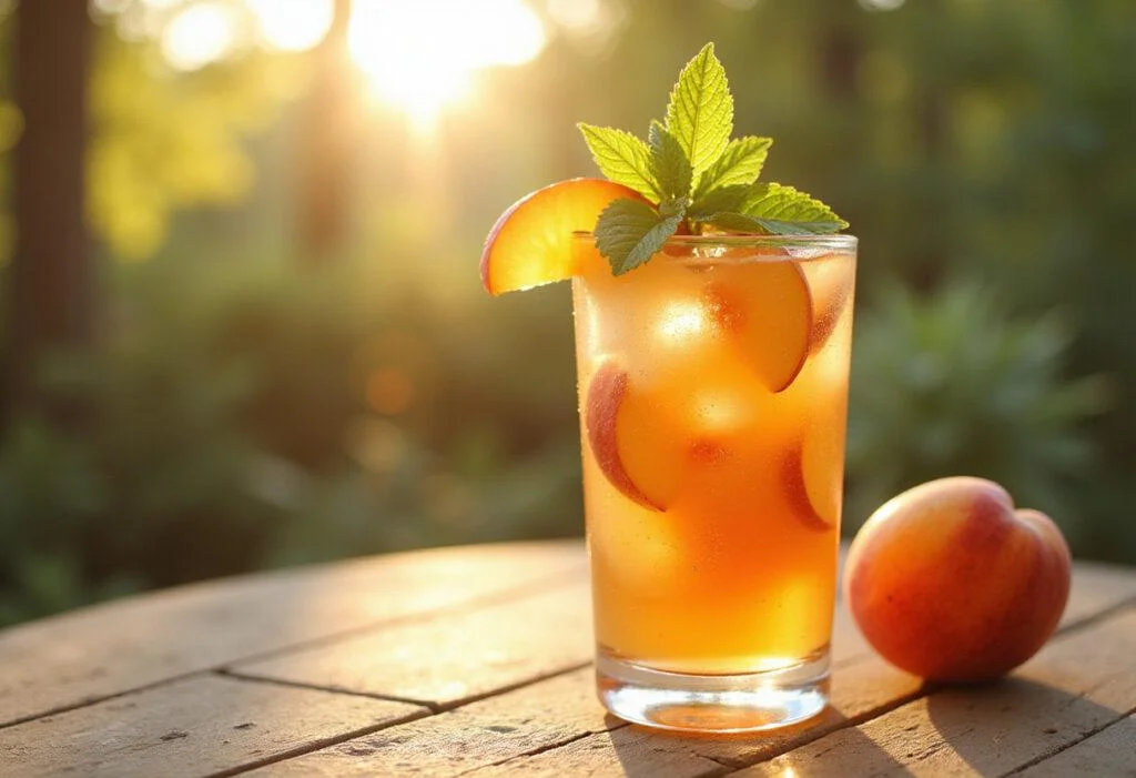 Refreshing Peach Wine Cooler served in a tall glass, beautifully garnished with peach slices and mint, ideal for warm weather enjoyment.