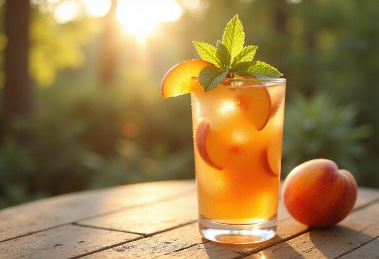Refreshing Peach Wine Cooler served in a tall glass, beautifully garnished with peach slices and mint, ideal for warm weather enjoyment.