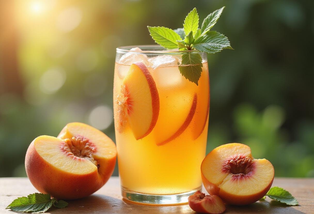 Refreshing Peach Wine Cooler served in a tall glass, beautifully garnished with peach slices and mint, ideal for warm weather enjoyment.