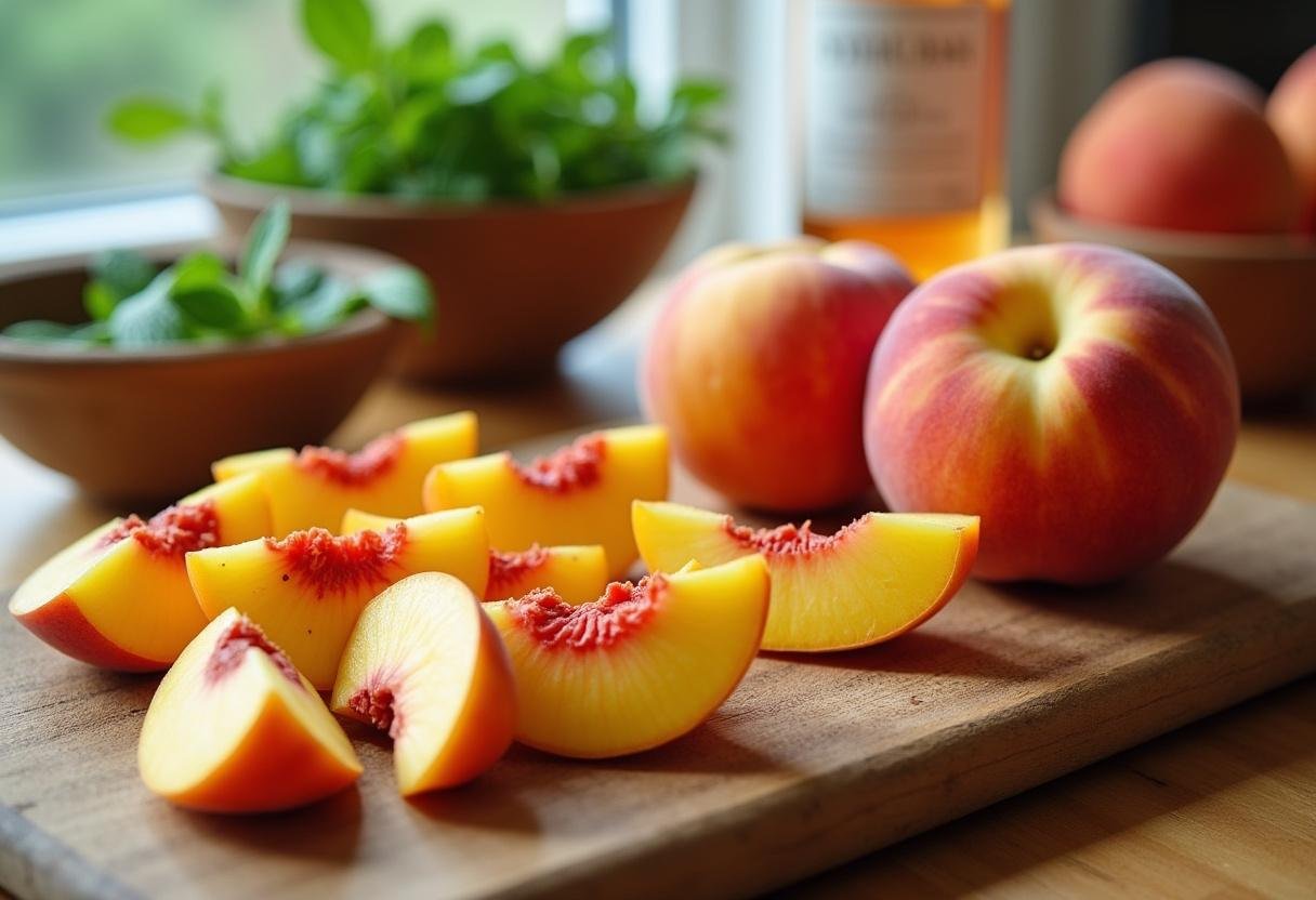 Fresh ripe peaches being sliced for a delicious Peach Wine Cooler, showcasing juicy peach wedges and mint in a bright kitchen.