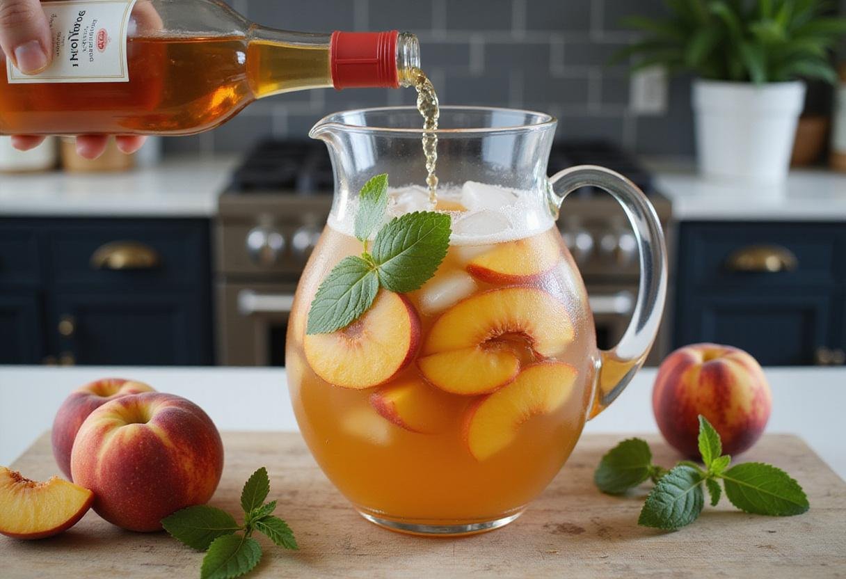 A refreshing pitcher for Peach Wine Cooler filled with peaches, mint, and ice, preparing a fruity and vibrant drink.