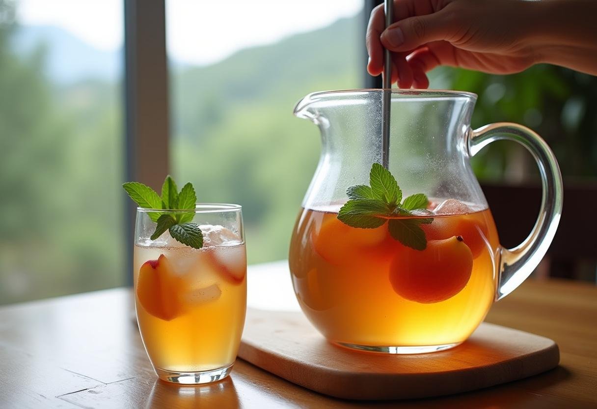 Mixing the ingredients for a Peach Wine Cooler, blending peach wine, mint, and juicy peach slices for a refreshing summer drink.