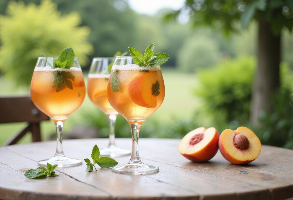 Elegant presentation of Peach Wine Cooler in stylish glasses with mint garnish, perfect for summer gatherings.