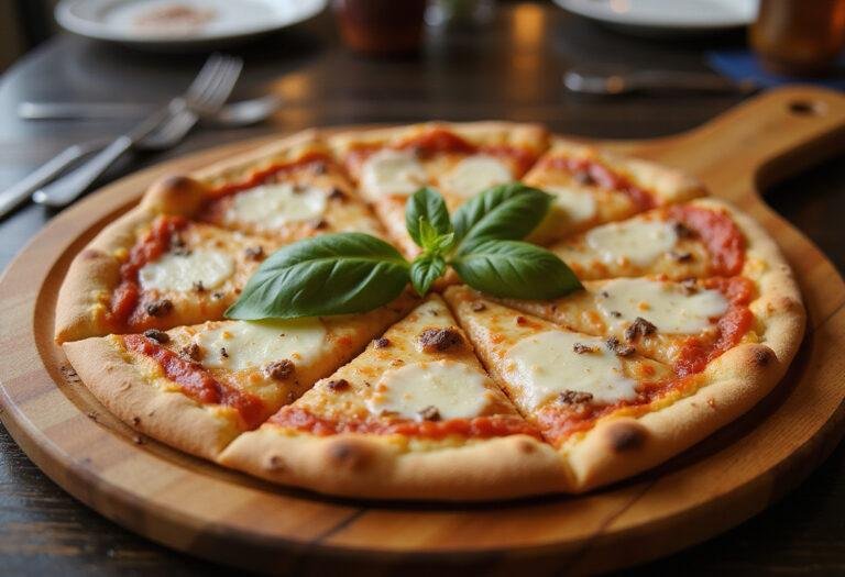 The final presentation of an appetizing pizza from Elizabeth's Pizza Menu, enticingly served and ready for enjoyment.