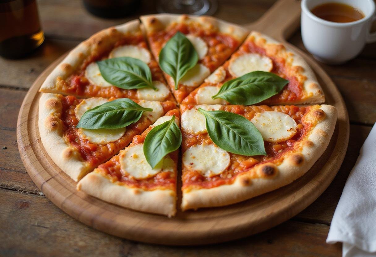 The final presentation of an appetizing pizza from Elizabeth's Pizza Menu, enticingly served and ready for enjoyment.
