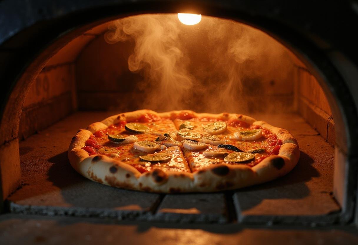 Baking the pizza to perfection for Elizabeth's Pizza Menu, ensuring a delightful crust and melty cheese.