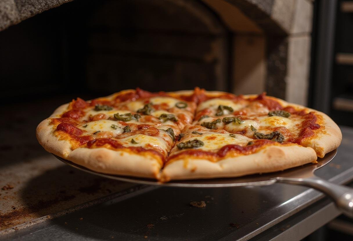 Taking a hot, fresh pizza out of the oven, ready to impress with Elizabeth's Pizza Menu selections.