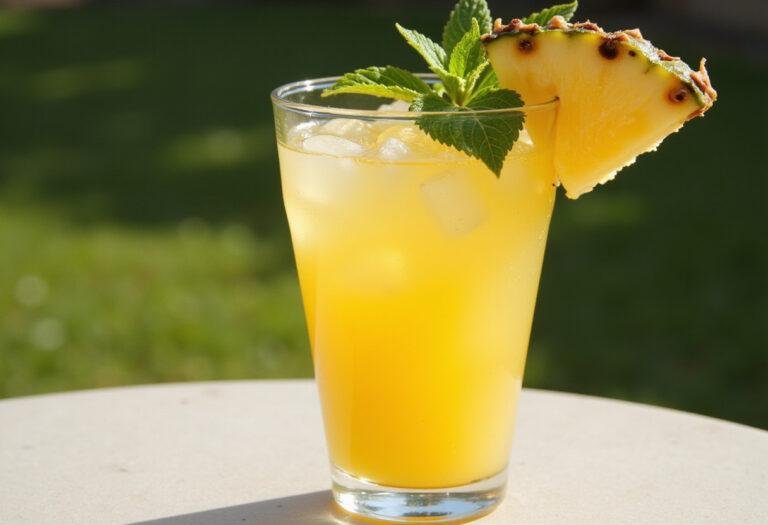 Final presentation of Exotic Pineapple Express Elixir, highlighting a refreshing tropical drink garnished and visually stunning under natural sunlight.