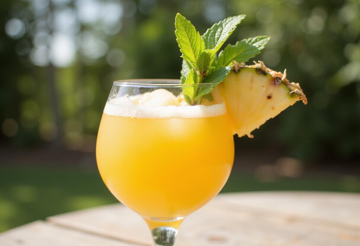 Final presentation of Exotic Pineapple Express Elixir, highlighting a refreshing tropical drink garnished and visually stunning under natural sunlight.