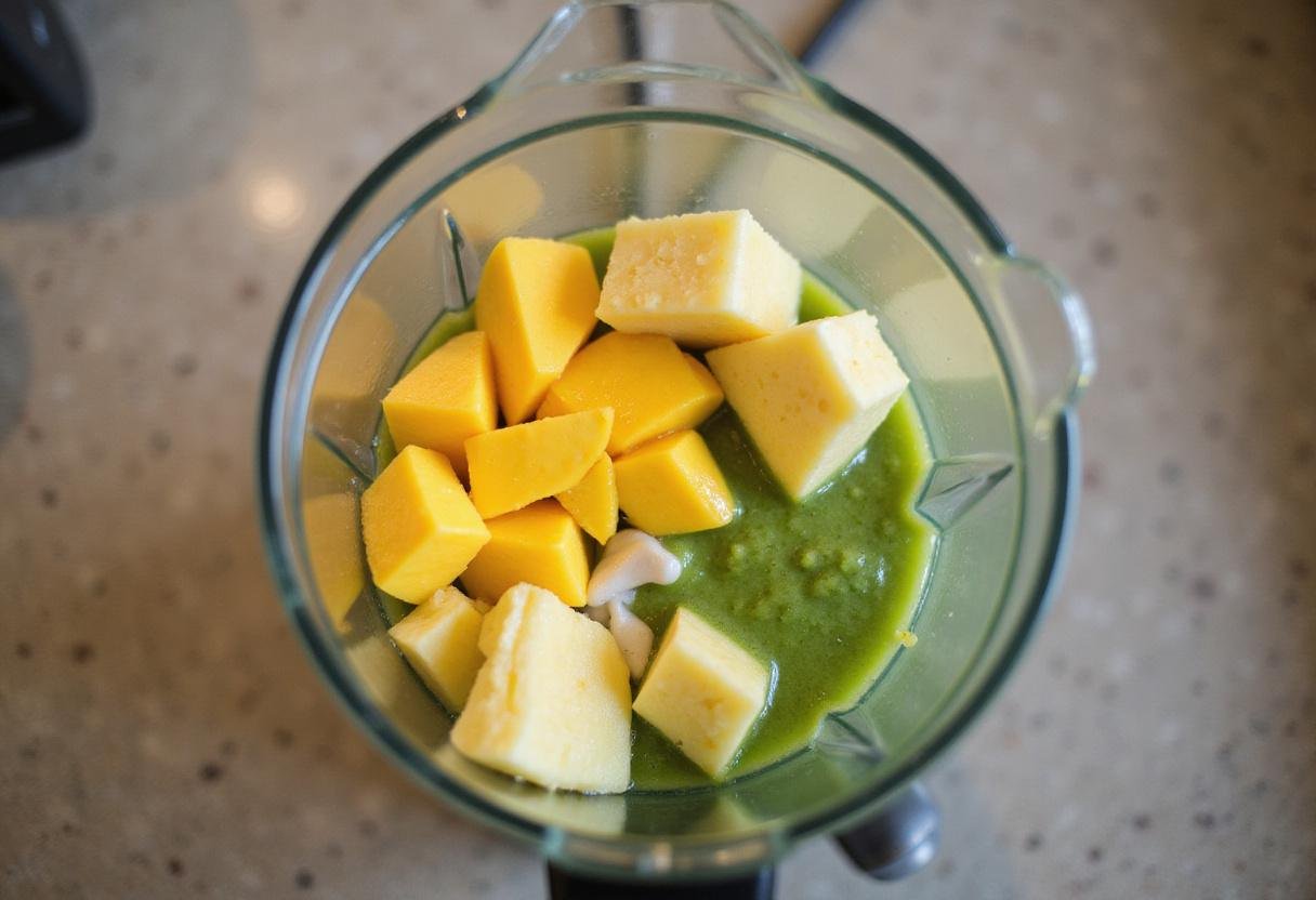Blending tropical ingredients for Exotic Pineapple Express Elixir, highlighting the preparation of a refreshing pineapple drink.