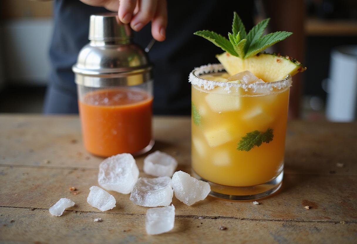 Shaking the blended mixture for Exotic Pineapple Express Elixir, preparing an enticing tropical cocktail.