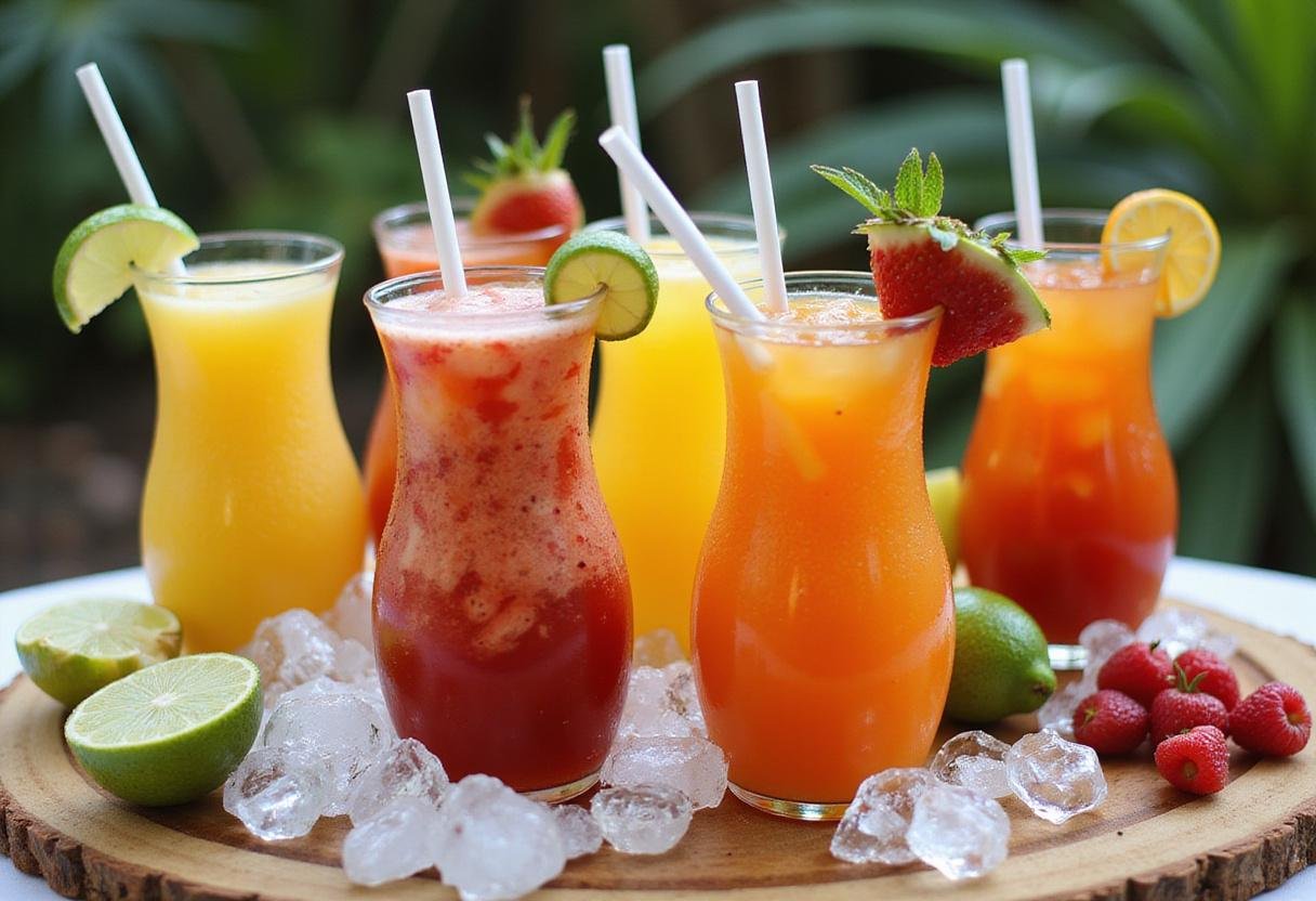 Preparing glasses for Exotic Pineapple Express Elixir, showcasing a vibrant drink station full of tropical decorations.