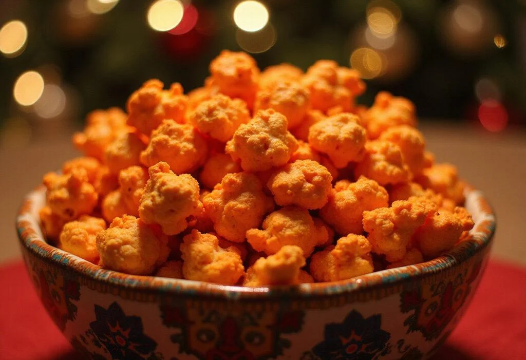 Final presentation of Flamin' Hot Popcorn Sensation, an enticing spicy treat featuring vibrant colors, perfect for movie nights.