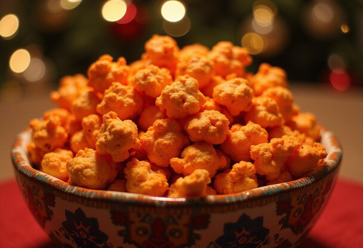 Final presentation of Flamin' Hot Popcorn Sensation, an enticing spicy treat featuring vibrant colors, perfect for movie nights.