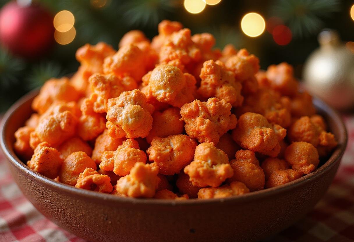 Final presentation of Flamin' Hot Popcorn Sensation, an enticing spicy treat featuring vibrant colors, perfect for movie nights.
