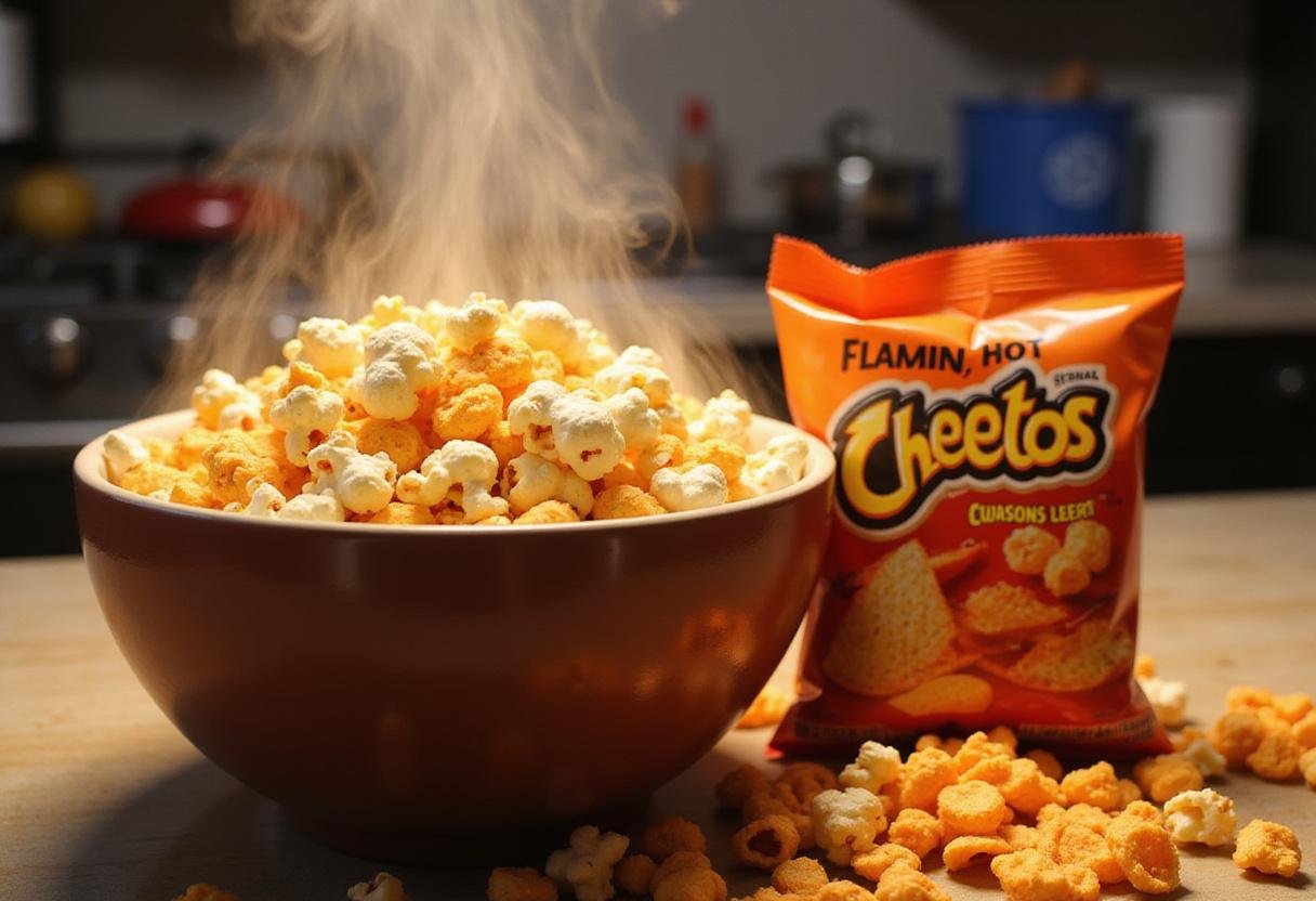 Freshly popped popcorn in a bowl with an open packet of Flamin' Hot Cheetos, ideal for making a spicy Cheeto popcorn mix.