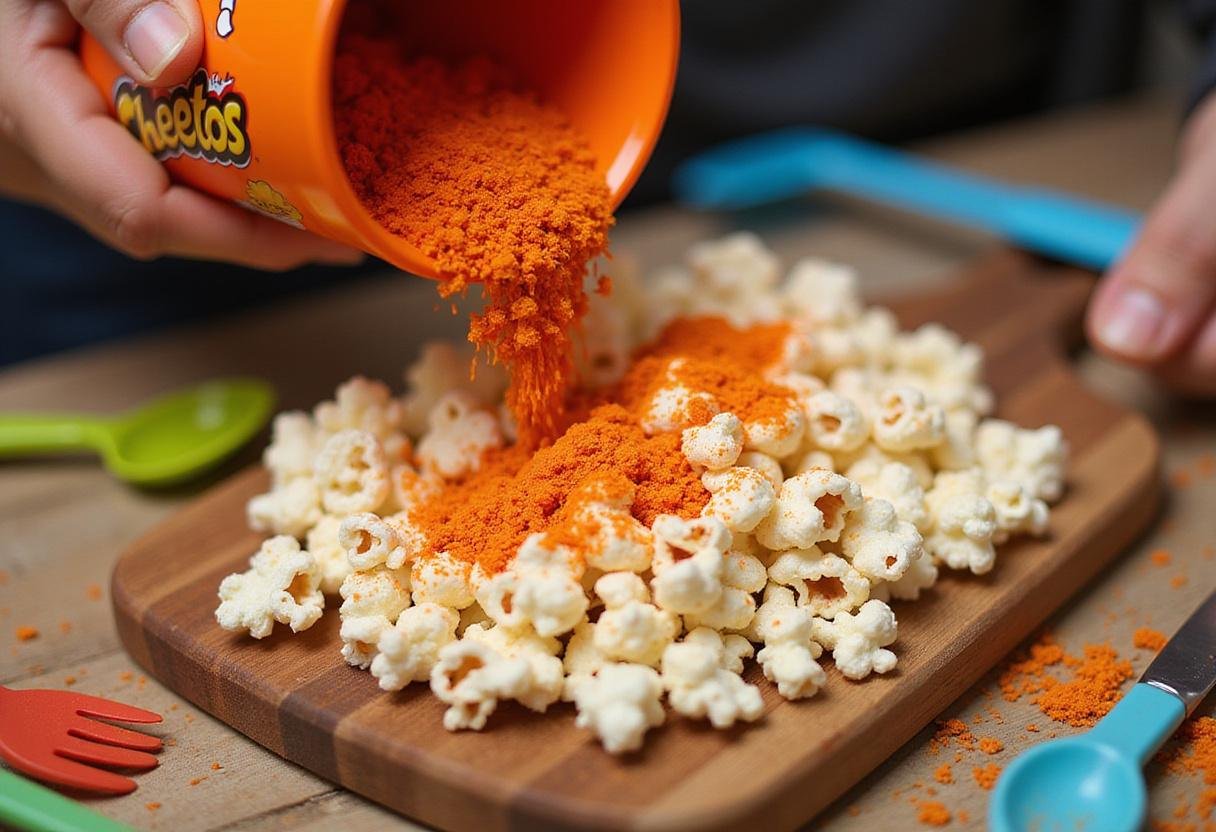 Crushed Flamin' Hot Cheetos being added to popcorn to create a delicious hot cheetos popcorn blend, showcasing vibrant colors.