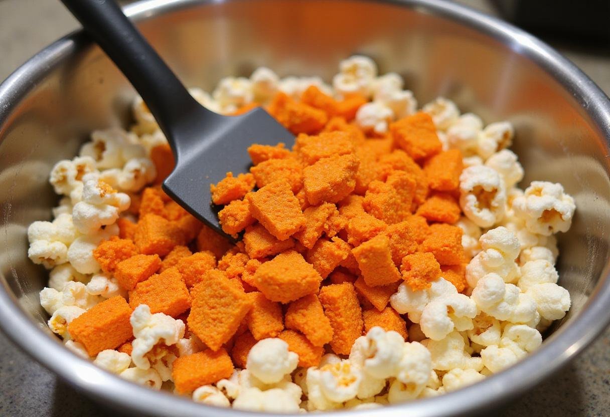 Tossing popcorn and crushed Flamin' Hot Cheetos together, creating a crunchy Cheeto popcorn sensation that is visually appealing.