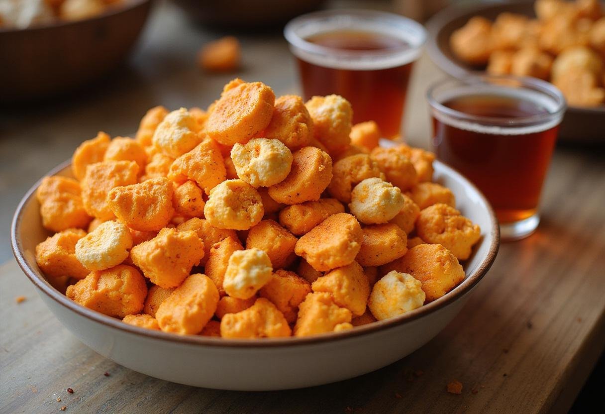 Serving bowl of Flamin' Hot Popcorn Sensation styled with extra Cheeto dust, perfect for parties and gatherings.