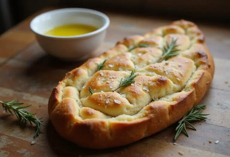 Enjoy the best way to eat focaccia bread with this detailed image of a perfectly baked slice, emphasizing its golden crust and aromatic toppings next to olive oil.