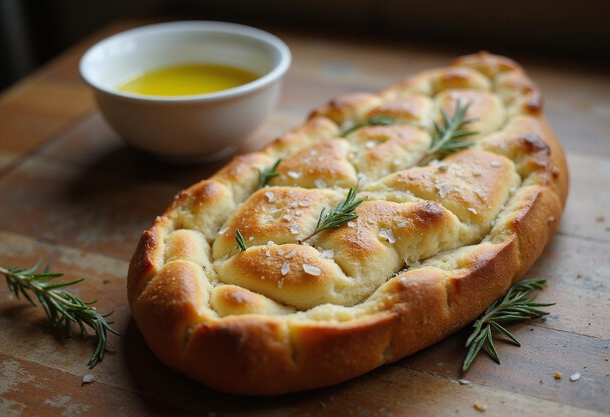 Enjoy the best way to eat focaccia bread with this detailed image of a perfectly baked slice, emphasizing its golden crust and aromatic toppings next to olive oil.