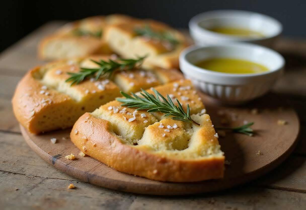 Enjoy the best way to eat focaccia bread with this detailed image of a perfectly baked slice, emphasizing its golden crust and aromatic toppings next to olive oil.