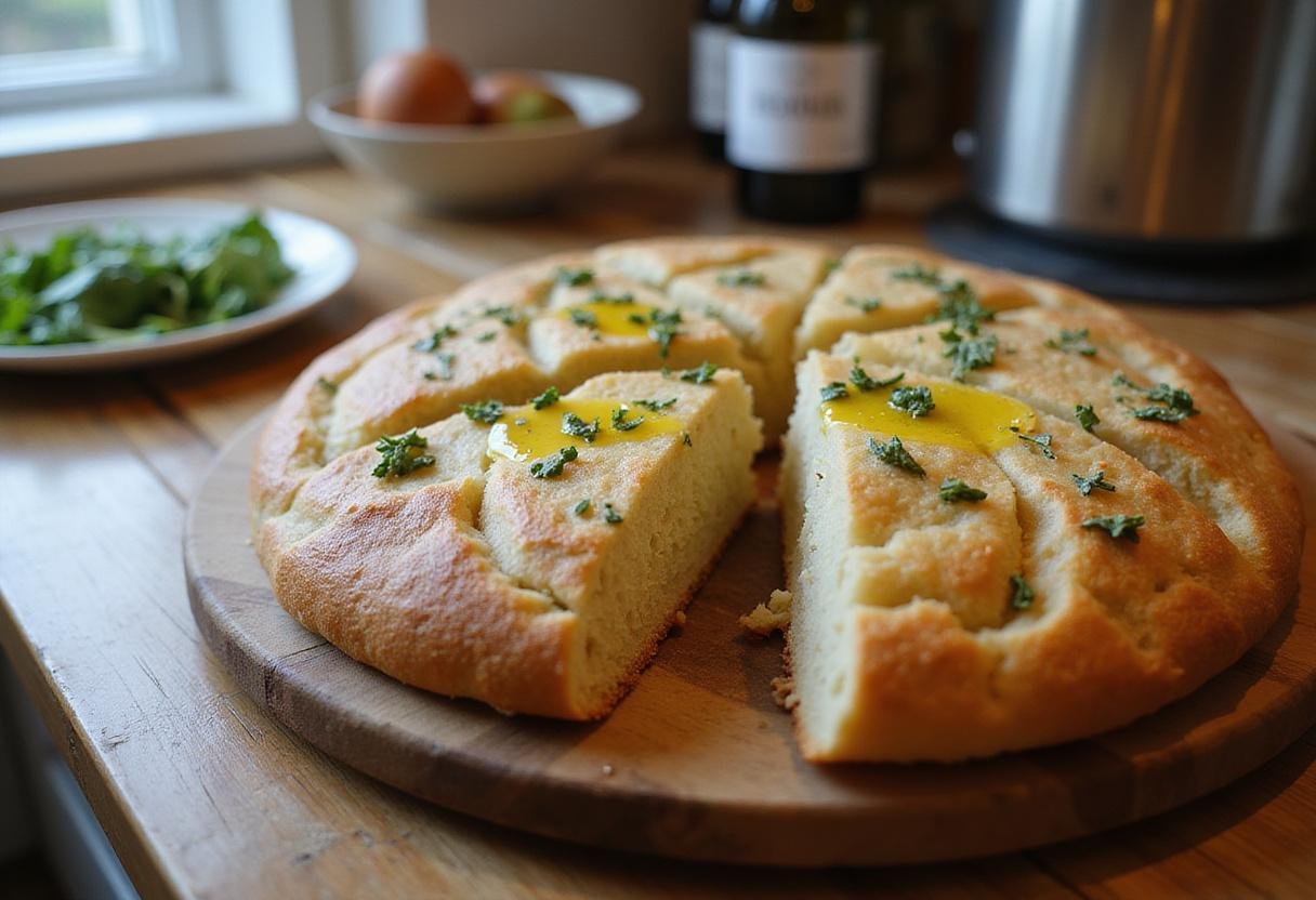Explore the best way to eat focaccia bread with this image of freshly baked focaccia, showing its enticing herbs and golden olive oil on a rustic wooden board.