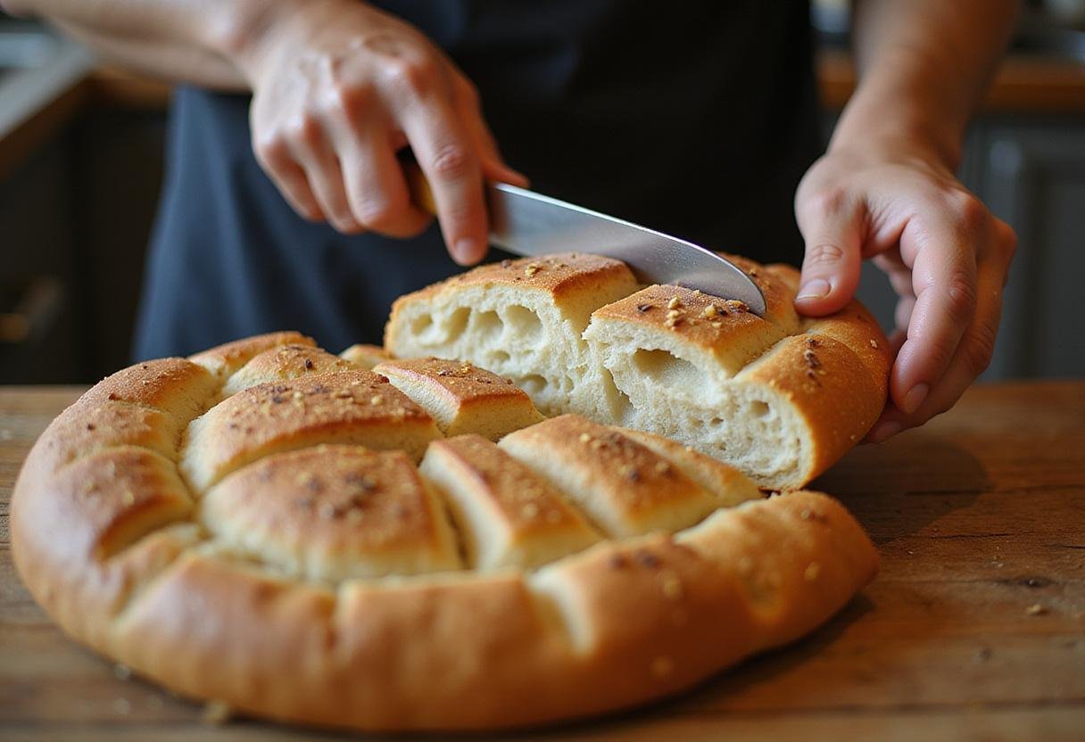 Learn how to properly eat focaccia bread as a person cuts into the beautiful loaf, showcasing its airy texture and aromatic herbs in a cozy kitchen.