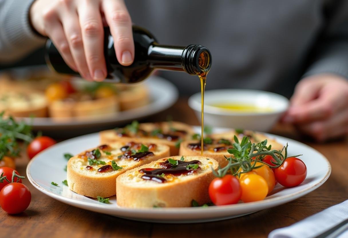 Discover the best ways to eat focaccia bread as you see slices being topped with balsamic vinegar alongside fresh tomatoes and olive oil, enhancing the flavor.