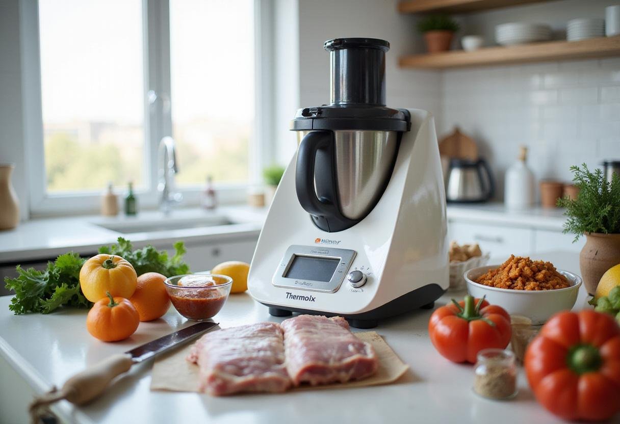 Explore the best free Thermomix recipe collection with diverse ingredients laid out on a kitchen countertop.