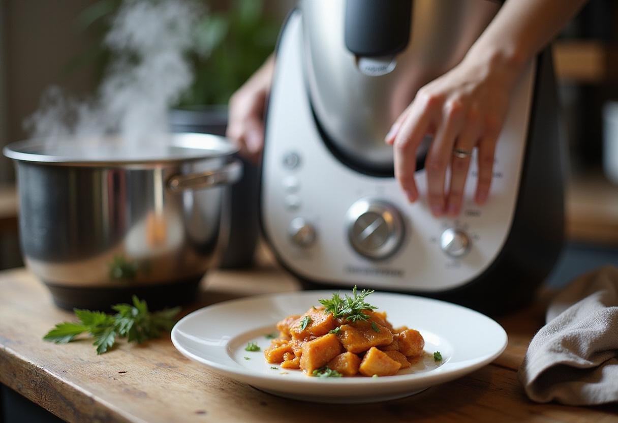 Learn to serve delicious meals from the free Thermomix recipe collection as a dish is being plated attractively.