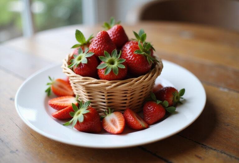 Final display of a fresh strawberry basket treat, showcasing a delightful strawberry dessert ready to be enjoyed.