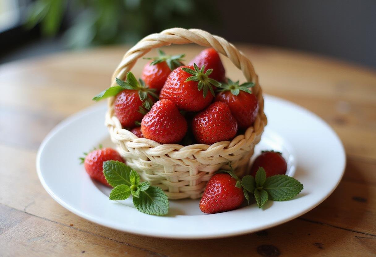 Final display of a fresh strawberry basket treat, showcasing a delightful strawberry dessert ready to be enjoyed.