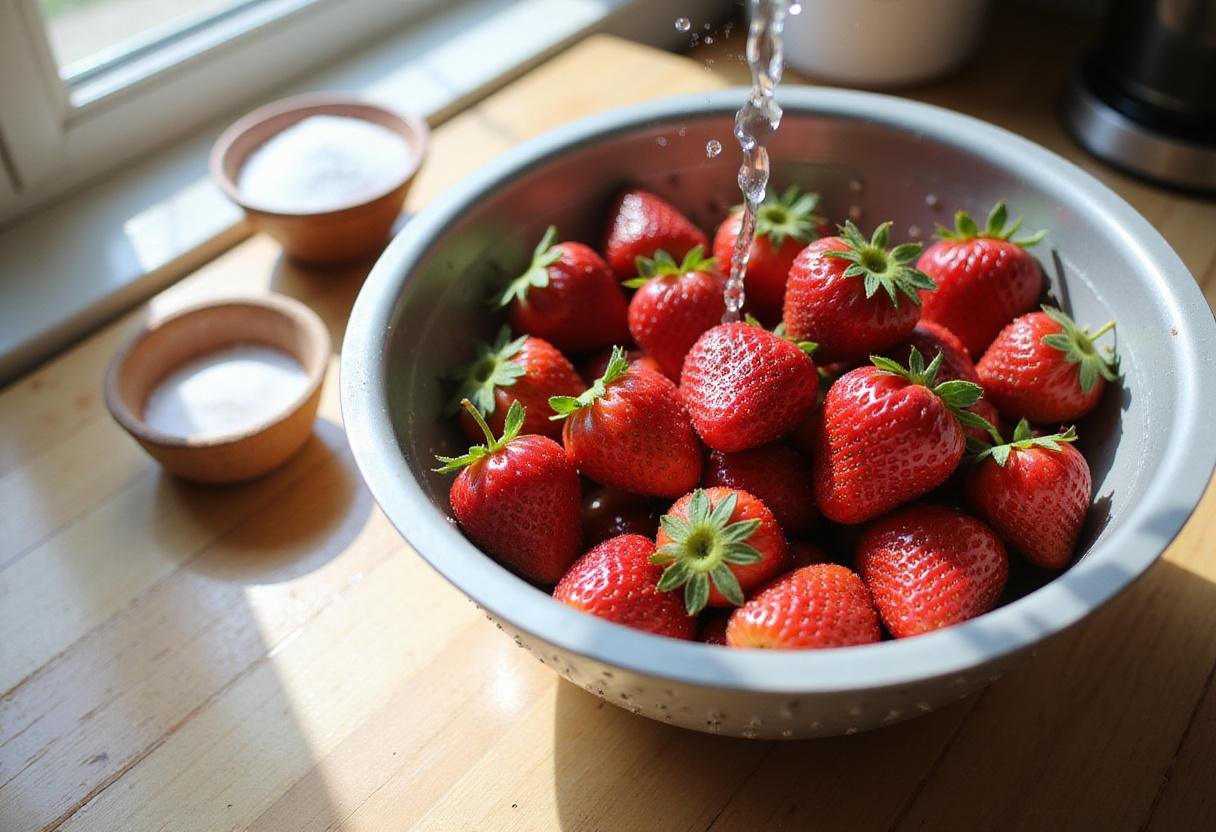 Washing fresh strawberries for a strawberry basket treat, preparing for a delicious dessert recipe.