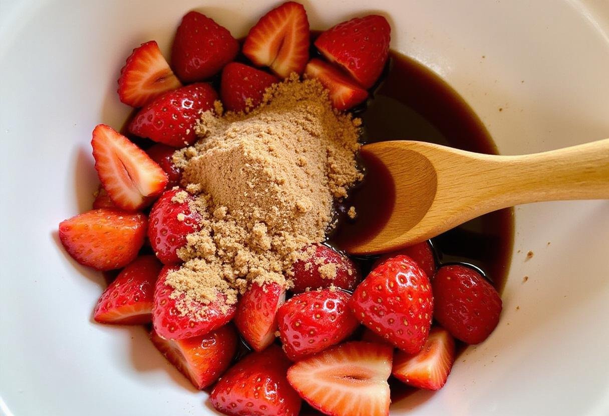 Mixing fresh strawberries with sugar and vanilla for a delightful strawberry basket treat.