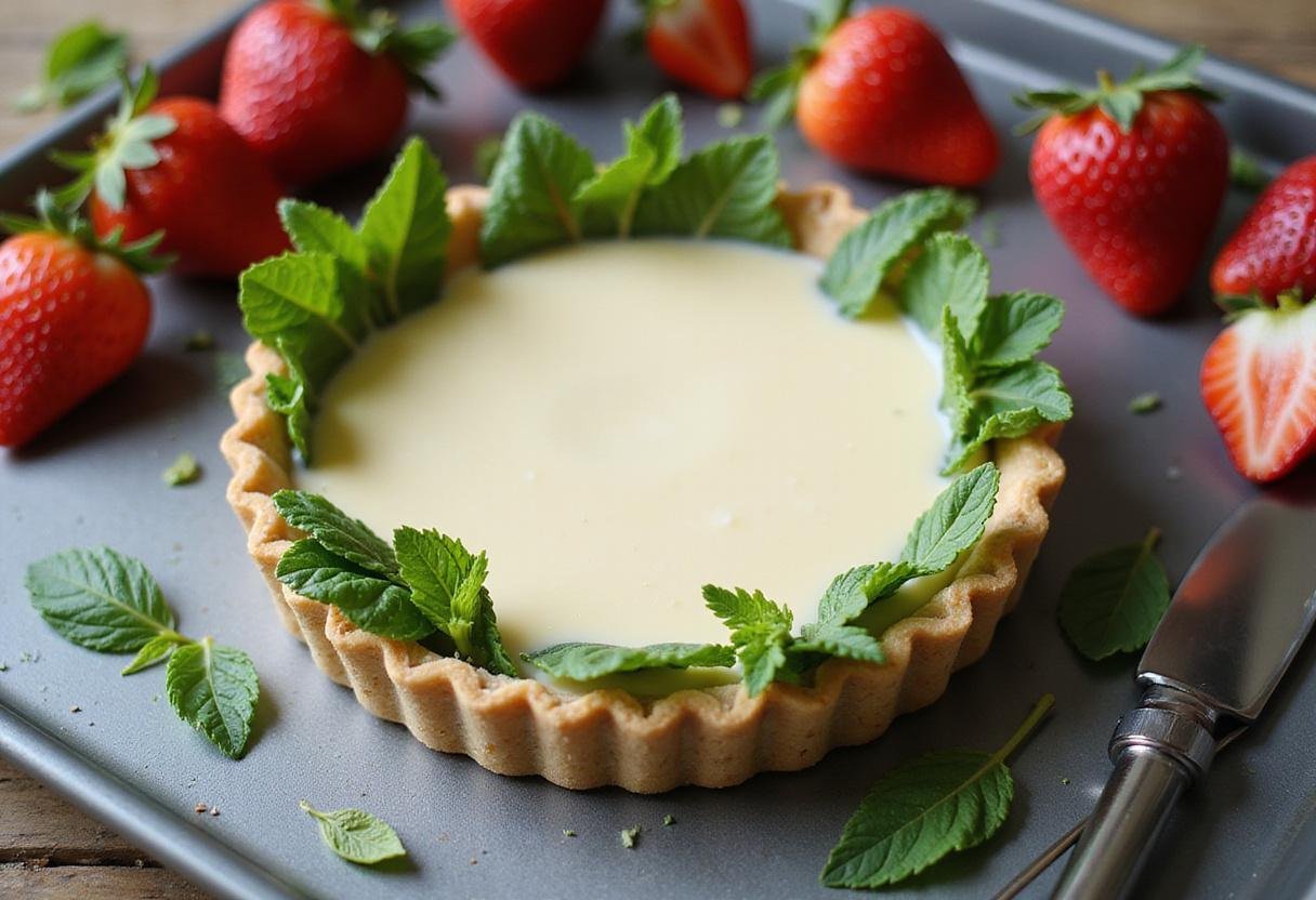 Assembling a fresh strawberry basket treat in a pre-baked tart shell ready for delicious toppings.