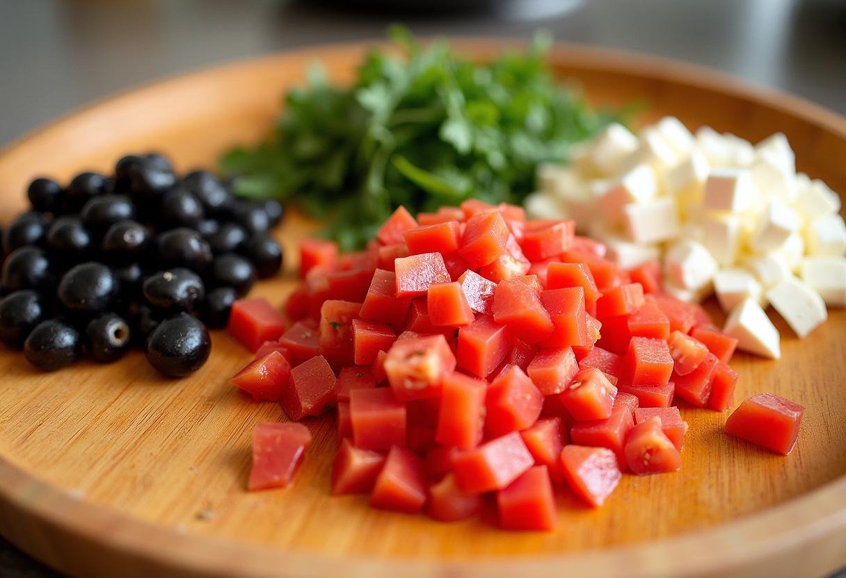 Preparing fresh toppings for Greeks' Neighborhood Pizza Paradise, featuring healthy ingredients for Greek pizza near me.