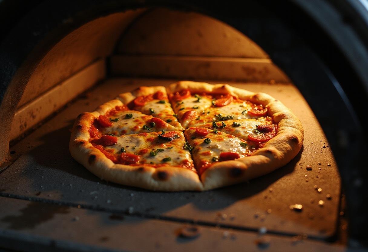 Baking the perfect Greeks' Neighborhood Pizza Paradise, showcasing the magic of Greek pizza near you in the oven.