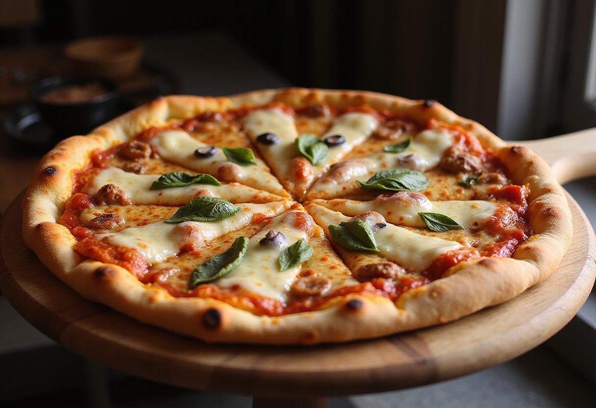 Perfectly baked hand tossed pizza, the specialty of Hand Tossed Pizza Hut, with melty cheese and garnished with fresh toppings.