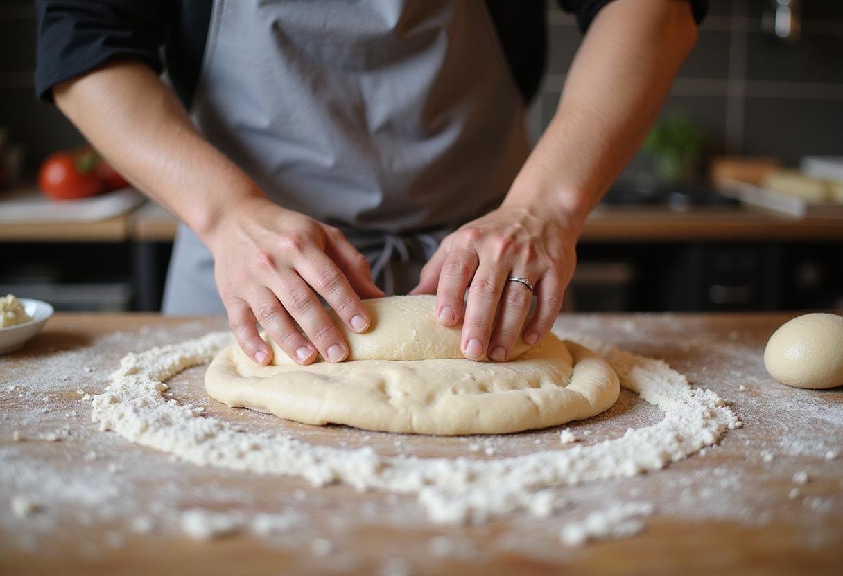 Hand tossed pizza dough preparation on a wooden surface, showcasing a chef kneading for the perfect Hand Tossed Pizza Hut style.