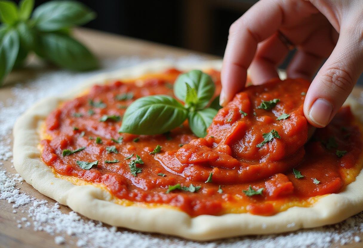 Spreading rich tomato sauce on hand tossed pizza dough, an essential step for creating Hand Tossed Pizza Hut perfection.