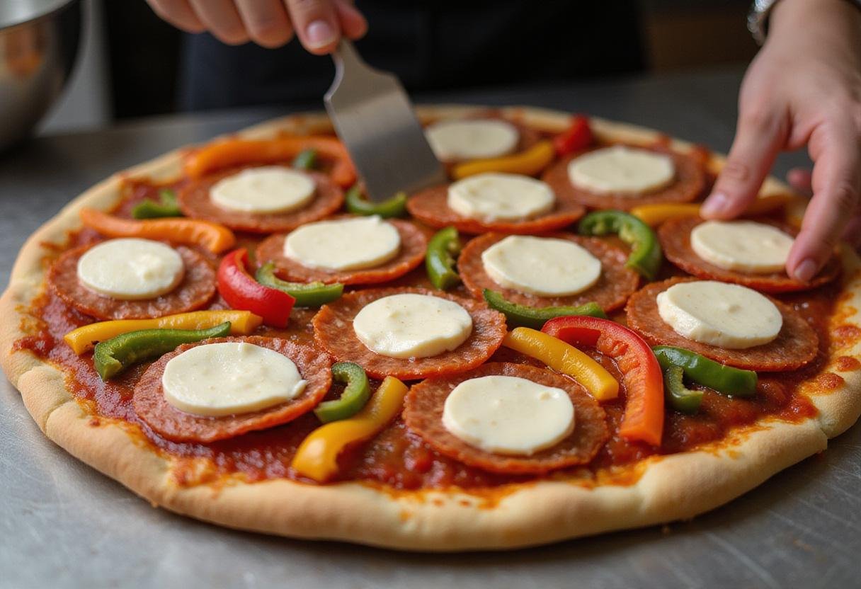 Layering fresh ingredients like mozzarella and pepperoni on a hand tossed pizza, building up delicious flavors for the Hand Tossed Pizza Hut.