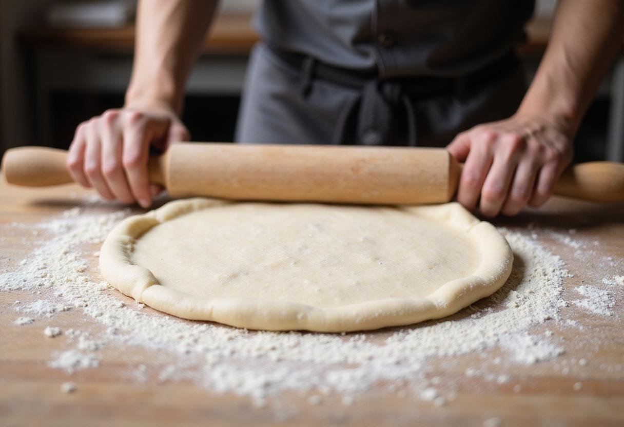 Havertown pizza dough rolling process on a wooden countertop with flour.