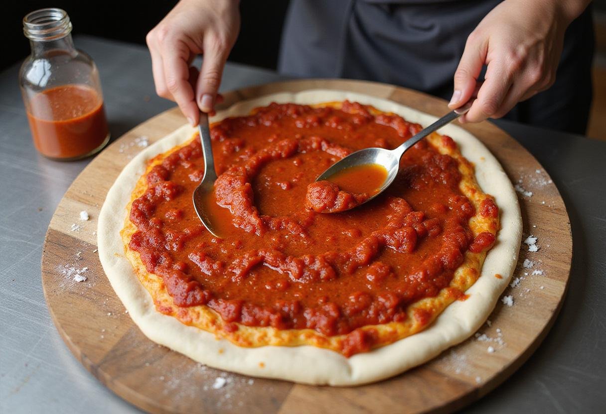 Spreading tomato sauce on Havertown pizza dough, preparing for toppings.