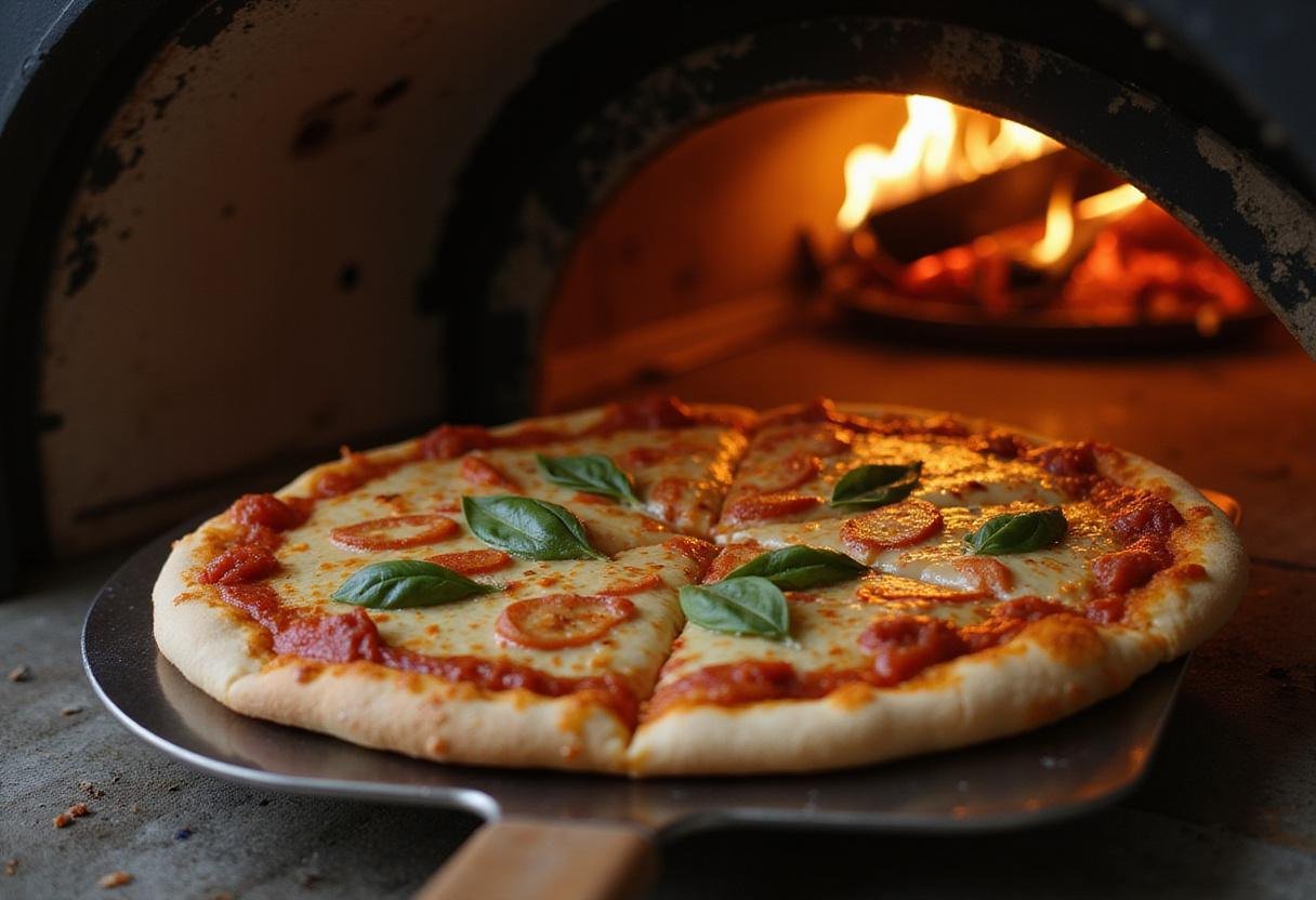 Placing Havertown pizza into a hot oven, preparation for baking to perfection.
