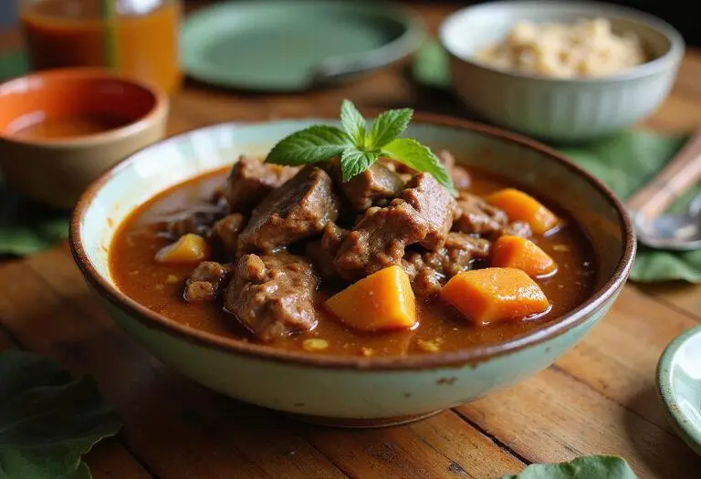 The beautiful presentation of Hawaiian beef stew in a bowl, showcasing rich flavors and colors, perfect for a comforting meal.