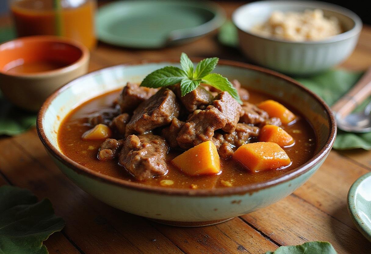 The beautiful presentation of Hawaiian beef stew in a bowl, showcasing rich flavors and colors, perfect for a comforting meal.
