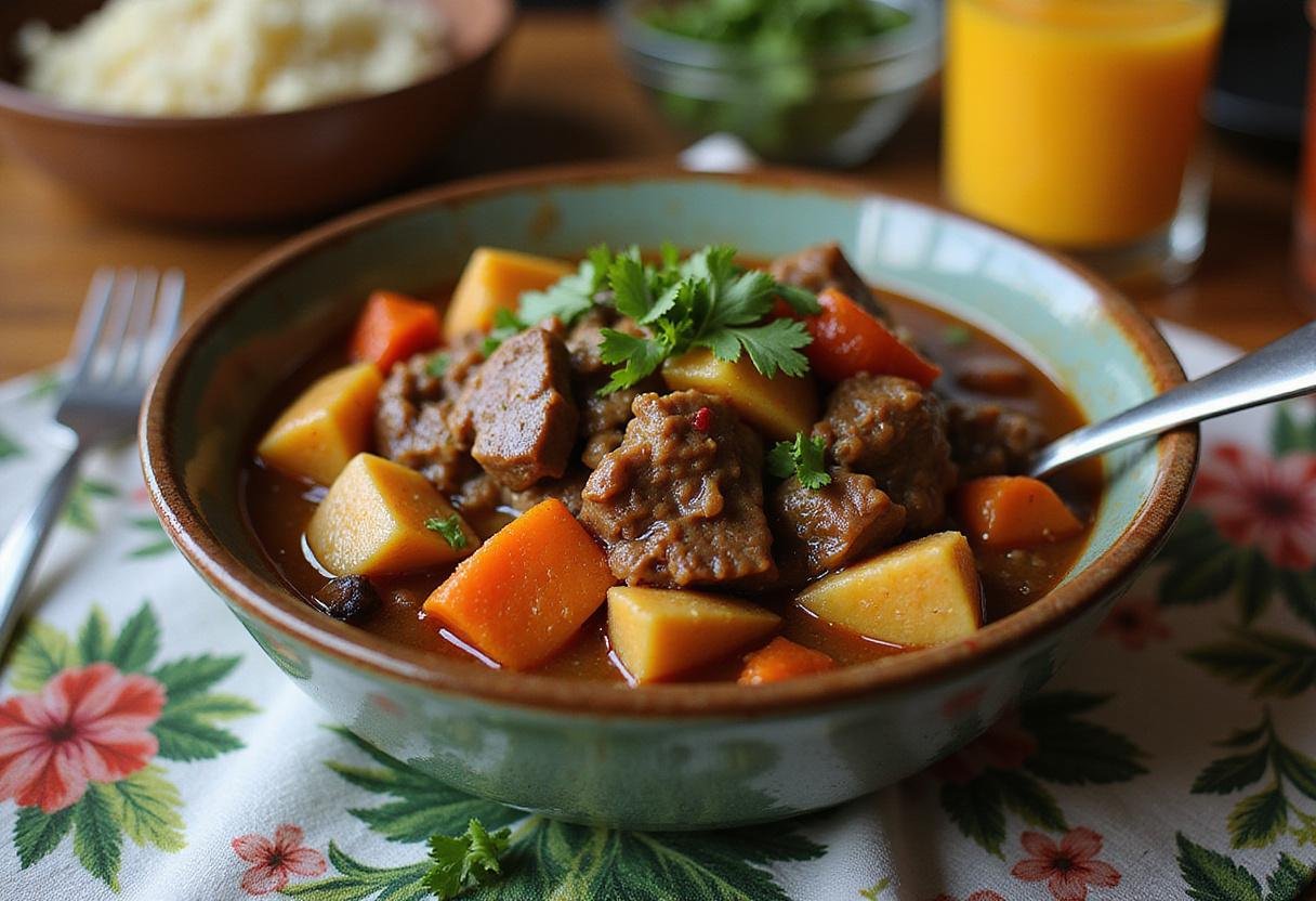 The beautiful presentation of Hawaiian beef stew in a bowl, showcasing rich flavors and colors, perfect for a comforting meal.