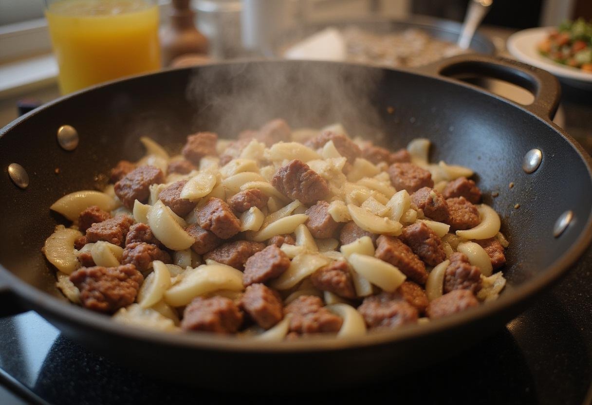 Sautéing beef, onions, and garlic for Hawaiian beef stew in a warm kitchen, capturing the rich flavors of this traditional dish.