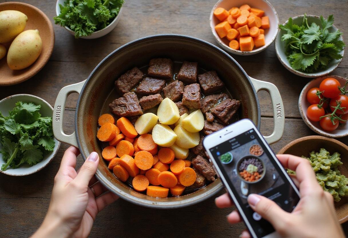 Adding fresh carrots and potatoes to the pot for a delicious Hawaiian beef stew, showcasing vibrant ingredients and home cooking.
